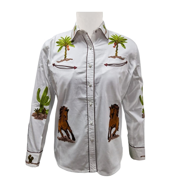 American Darling White Western Apparel - Embroidered Cotton Satin Horse Motif Shirt - Uhorse