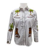 American Darling White Western Apparel - Embroidered Cotton Satin Horse Motif Shirt - Uhorse