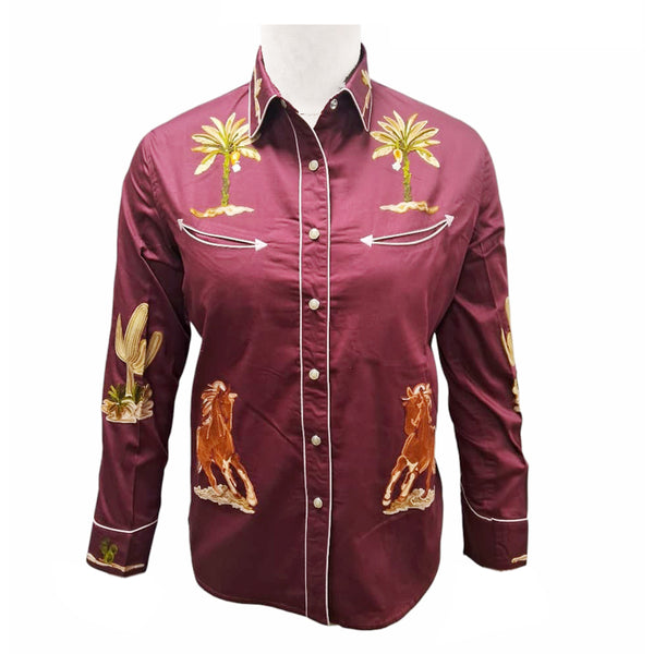 American Darling Maroon Western Apparel - Embroidered Cotton Satin Horse Motif Shirt - Uhorse