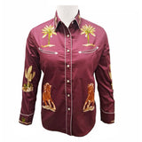 American Darling Maroon Western Apparel - Embroidered Cotton Satin Horse Motif Shirt - Uhorse
