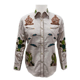 American Darling Light Beige Western Apparel - Embroidered Cotton Linen Desert Motif Shirt - Uhorse
