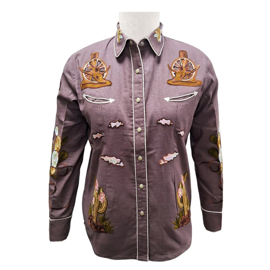 American Darling Plum Western Apparel - Embroidered Cotton Linen Desert Motif Shirt - Uhorse