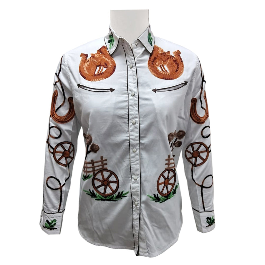 American Darling White Western Apparel - Embroidered Cotton Twill Horseshoe Shirt - Uhorse