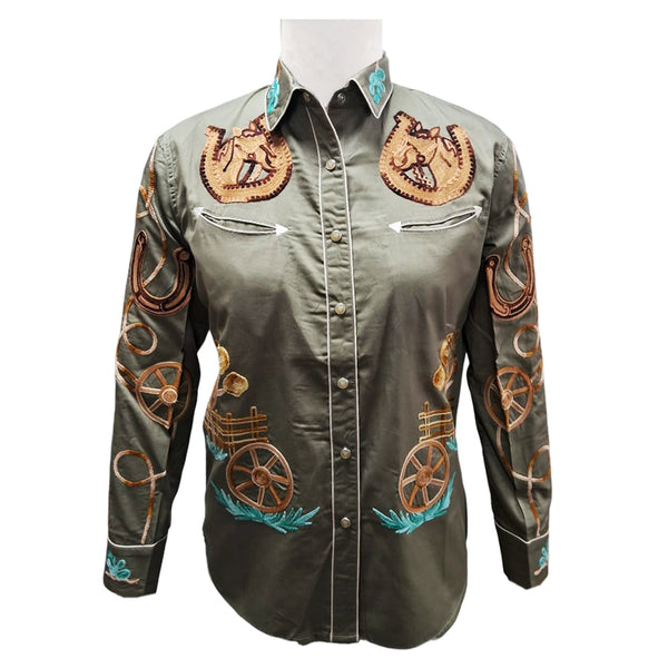 American Darling Saga Green Western Apparel - Embroidered Cotton Twill Horseshoe Shirt - Uhorse