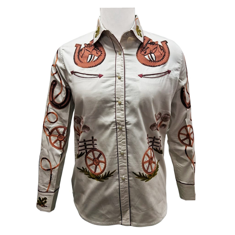 American Darling Off White Western Apparel - Embroidered Cotton Twill Cowboy Shirt - Uhorse