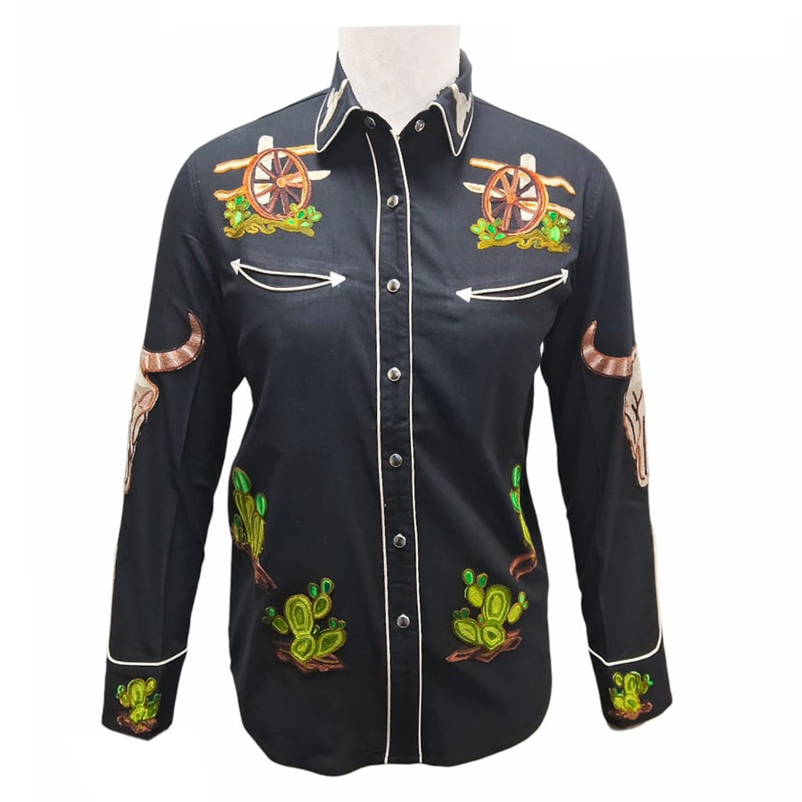 American Darling Black Western Apparel - Embroidered Cotton Lycra Wagon Wheel Top - Uhorse