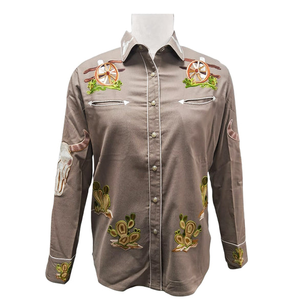 American Darling Taupe Western Apparel - Embroidered Cotton Lycra Longhorn Shirt - Uhorse