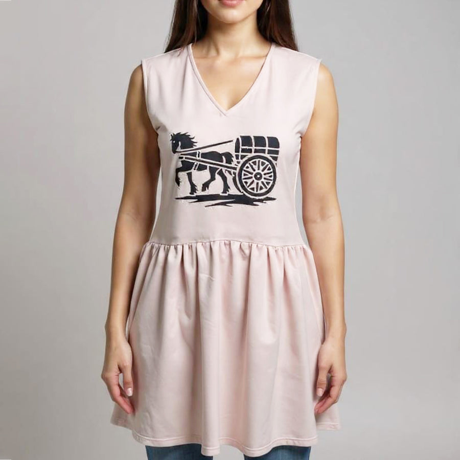 American Darling Women's Western V-Neck Sleeveless Graphic Dress – Casual Vintage Horse & Cart Print Babydoll Tunic
