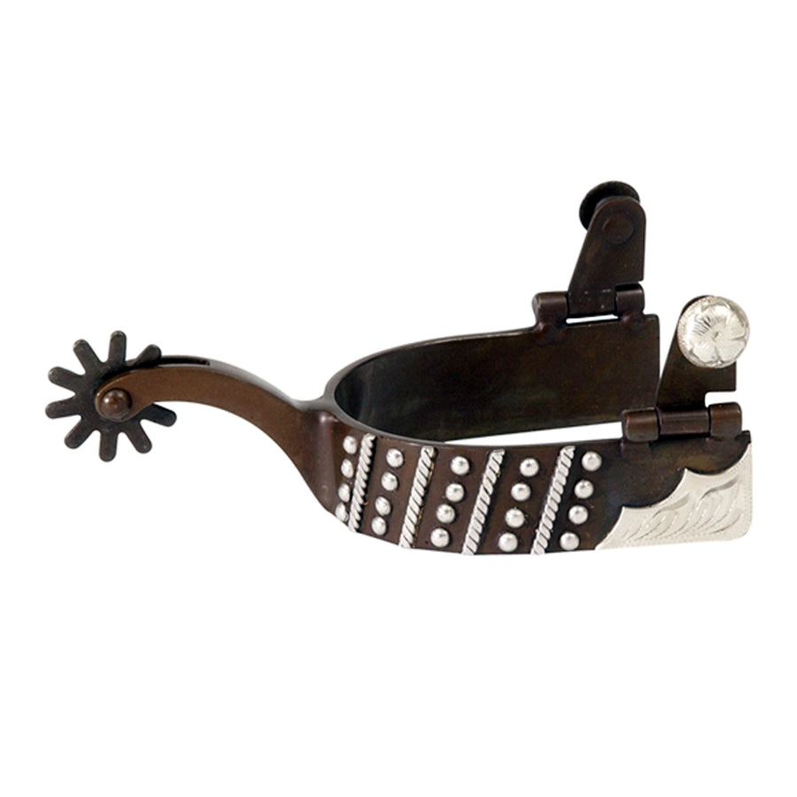 Brown leather western spur with silver conchos and white stone inlay - Uhorse