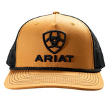 ARIAT Men’s Tan 5-Panel Snapback Cap – 3D Embroidered Logo & Shield, Mesh Back