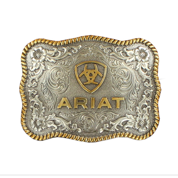 Ariat Men’s Two-Tone Scalloped Belt Buckle Gold & Silver Buckle Engraved Floral Twisted Rope Edge