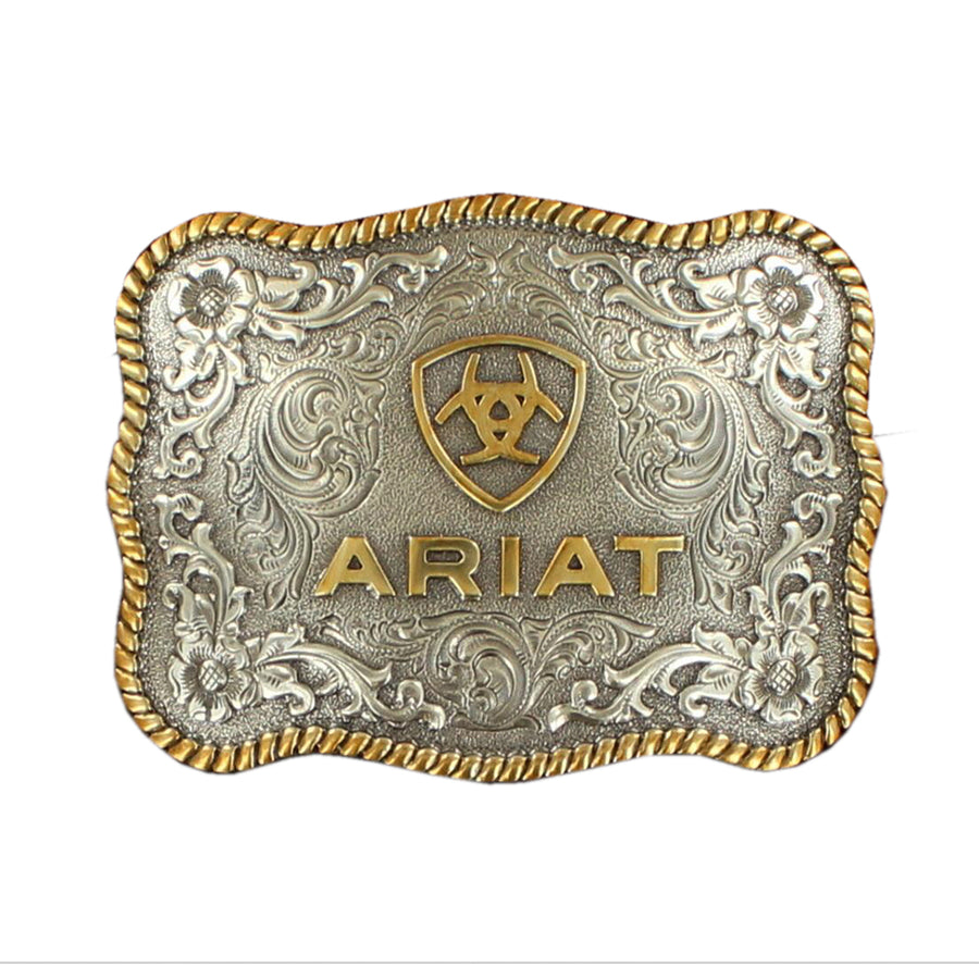 Ariat Men’s Two-Tone Scalloped Belt Buckle Gold & Silver Buckle Engraved Floral Twisted Rope Edge