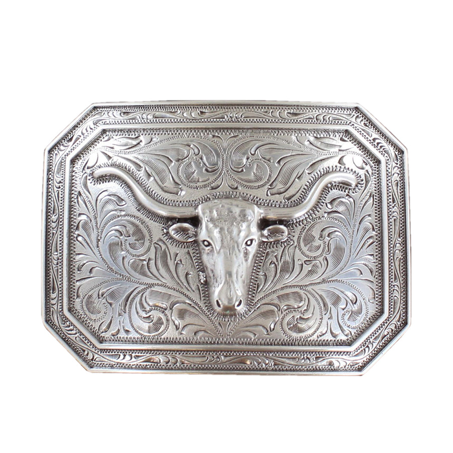 Ariat Silver Longhorn Steer Rectangle Belt Buckle Engraved Trophy Buckle Classic Western Accessory for Cowboy Belts