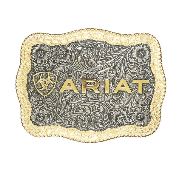 Ariat Men’s Large Two-Tone Rectangle Belt Buckle Antique Silver & Gold Finish Engraved with Shield Logo – 4-1/2" X 3-1/2"