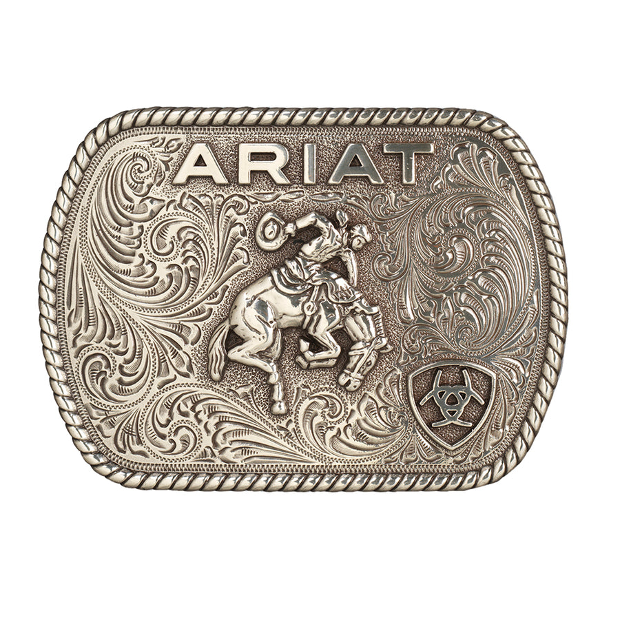 Ariat Men’s Vintage Saddle Bronc Belt Buckle – Antique Silver Finish – 3-1/2" x 2-1/2" Rectangle Trophy Buckle