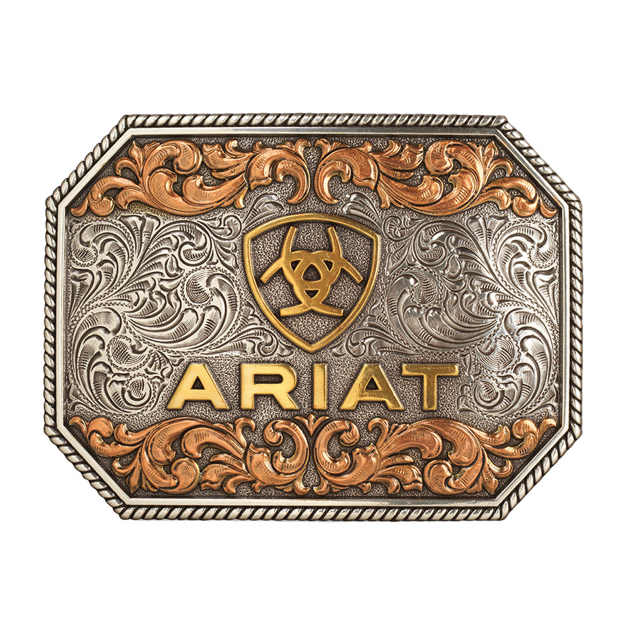 Ariat Men’s Raised Logo Antique Leaf Belt Buckle Multi-Tone Silver Gold & Copper Finish 4" x 3" Rectangle Trophy Buckle