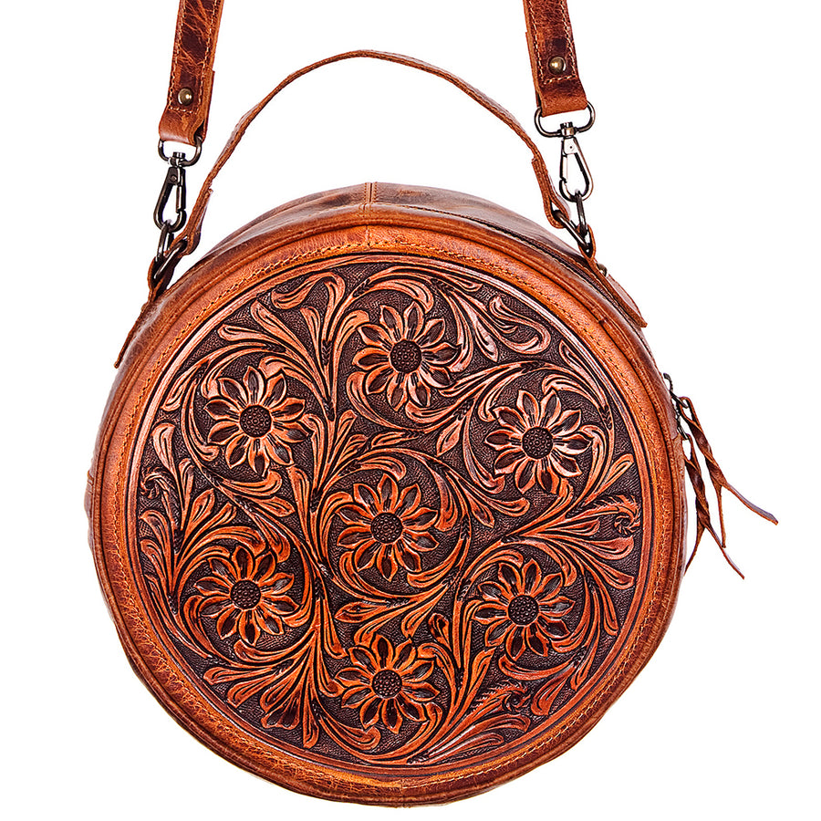 American Darling Canteen Bag Handcrafted from Hand Tooled Floral Leather and Full Grain Leather with YKK Zipper