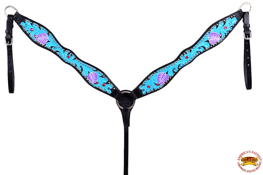 HILASON Western Horse Breast Collar Tack American Leather Black Turquoise | for Horses