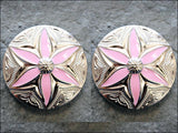 Western Screw Back Concho 1 Round Floral Pink Inlay Bling Saddle Cowgirl