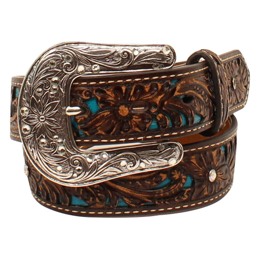 22" Ariat Girls Rhinestone Sparkly Floral Leather Belt by Hilason – Cowboy and equestrian accessories