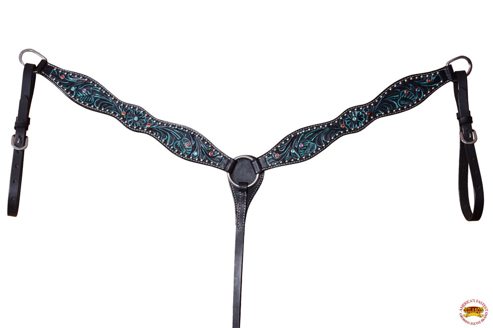HILASON  Horse Leather Headstall & Breast Collar Set Floral Black With Turquoise Inlay