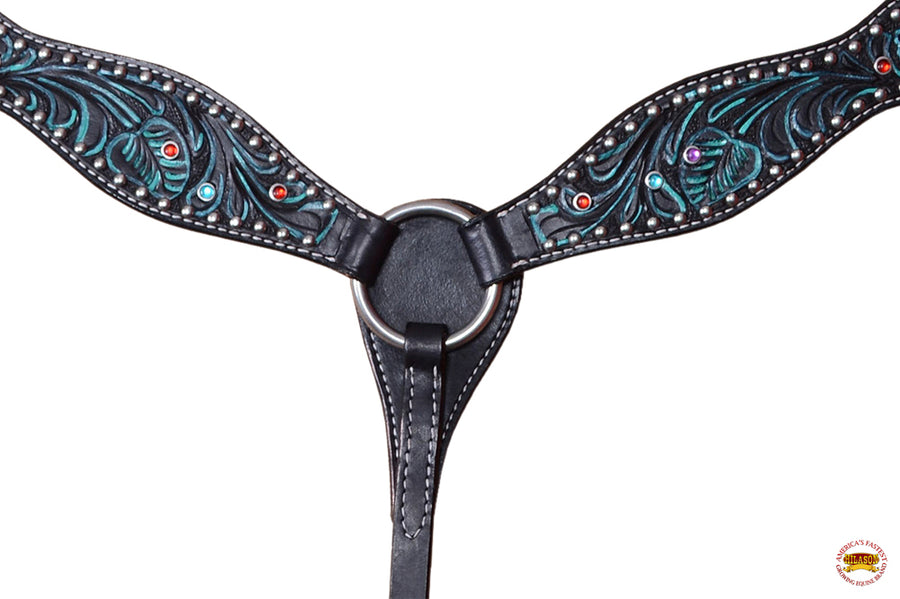 HILASON Western Horse Breast Collar Tack American Leather Black Turquoise | for Horses