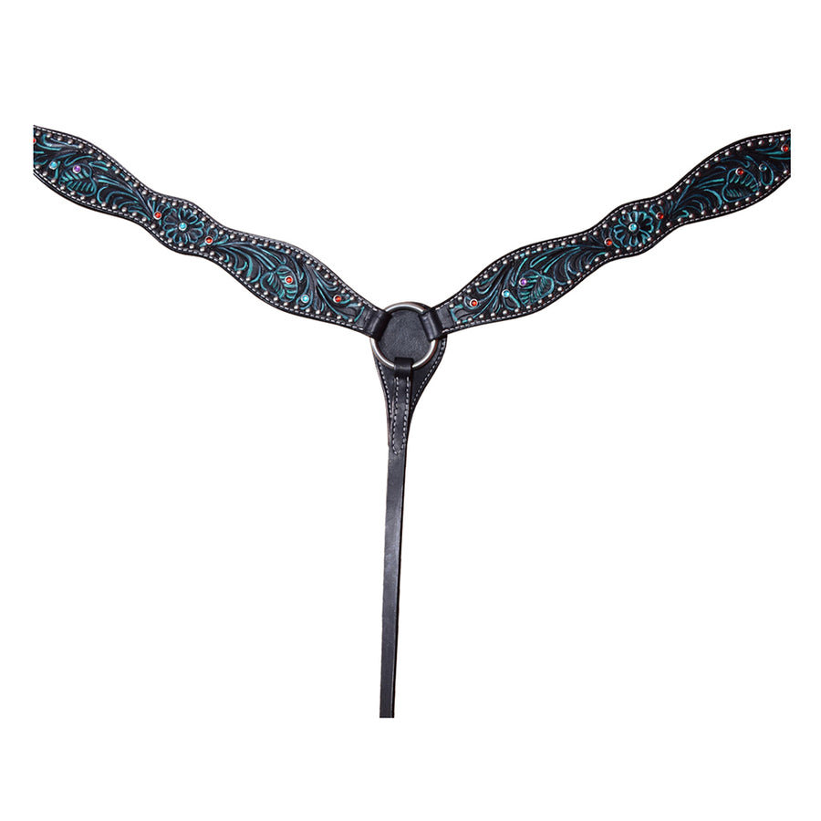 HILASON H. Leather Breast Collar Floral Black With Turquoise Inlay – by Hilason – Cowboy and equestrian accessories