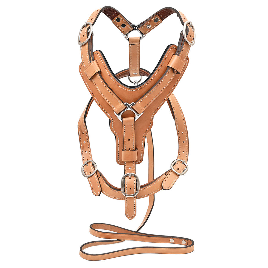 Medium Leather Dog Harness Tan Padded Genuine Matching Leash Hilason - Uhorse