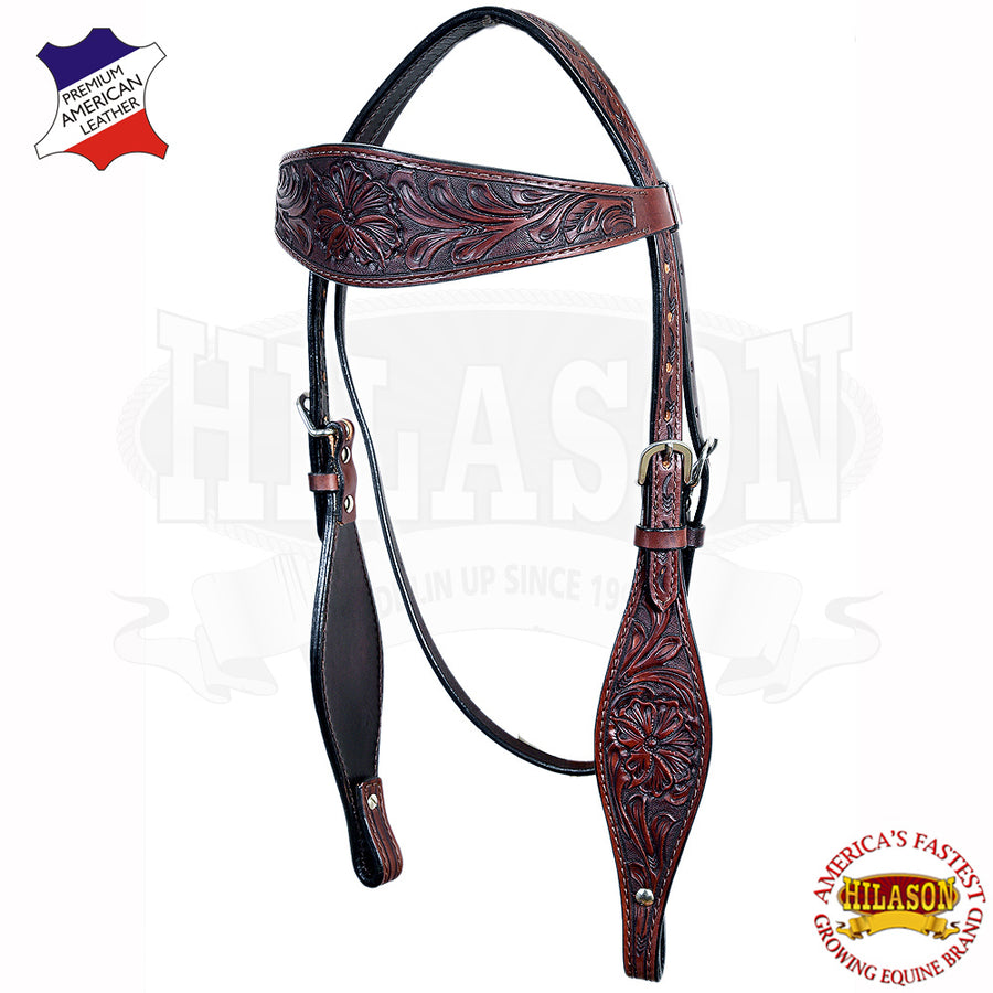 HILASON Western Genuine Leather Horse Headstall Tack Dark Brown Floral - Uhorse