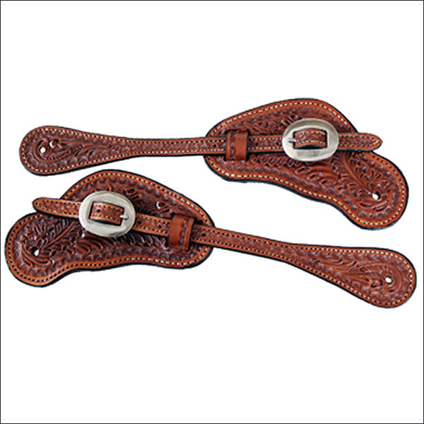 Tooled leather western spurs with silver buckles - Uhorse