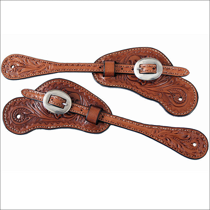 Tooled leather western spurs with silver buckles - Uhorse