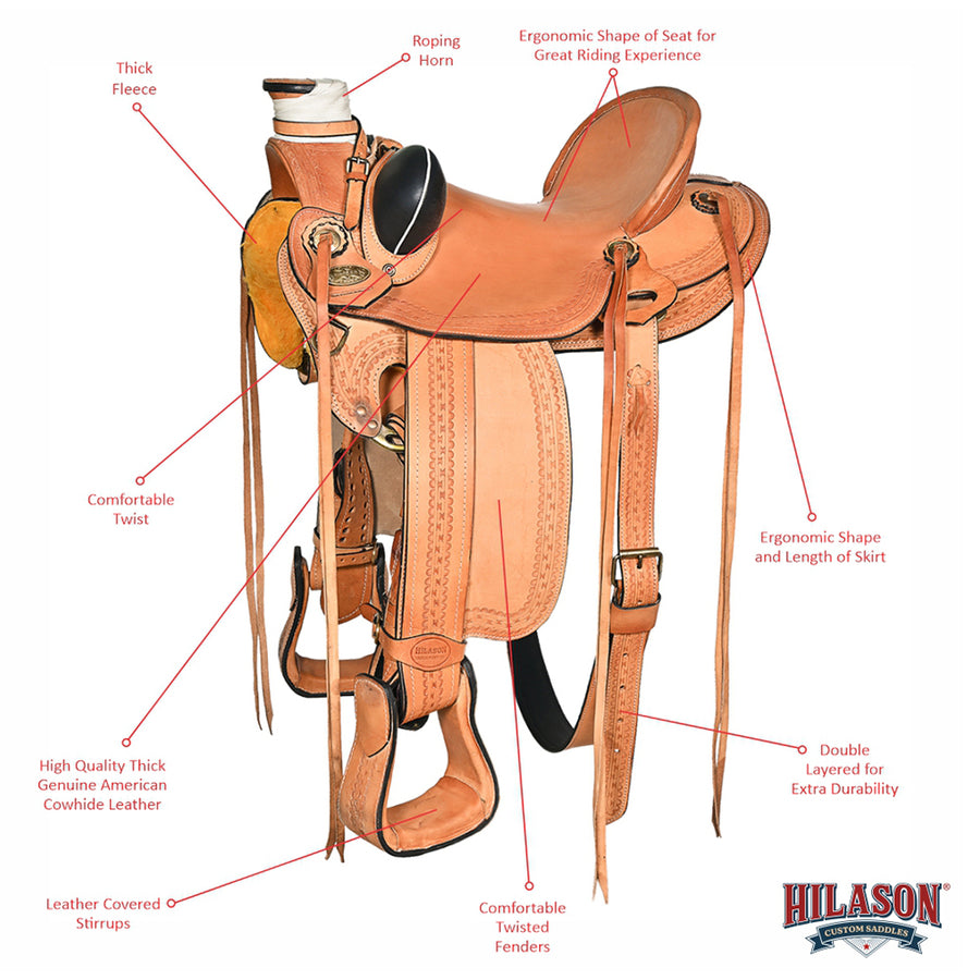 HILASON Western Horse Wade Saddle American Leather Ranch Roping Tan | Hand Tooled & For Horses