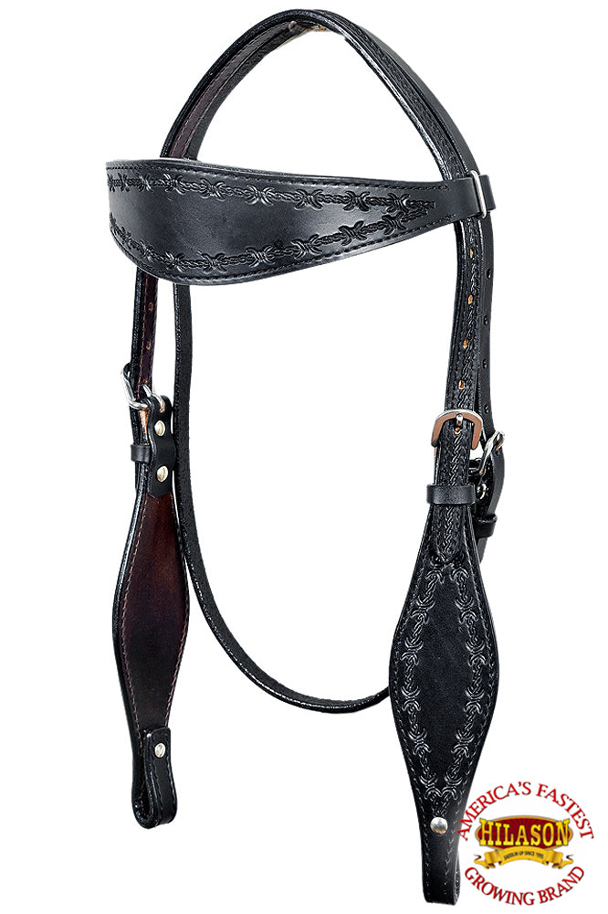 HILASON Western Horse Headstall Breast Collar Set Genuine American Leather Barb Wire Black | For Horses