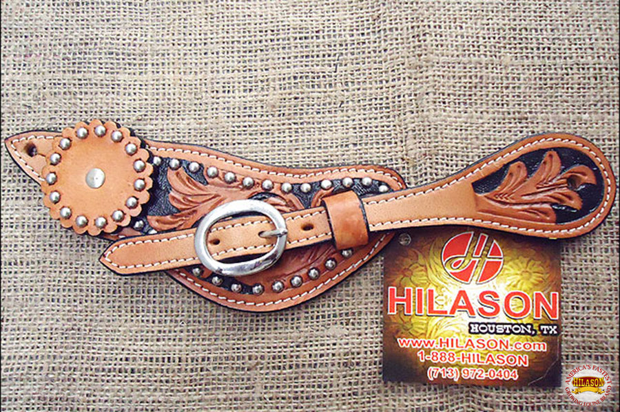 Hilason Western Leather Spur Straps Light Oil Black Hand Paint Floral