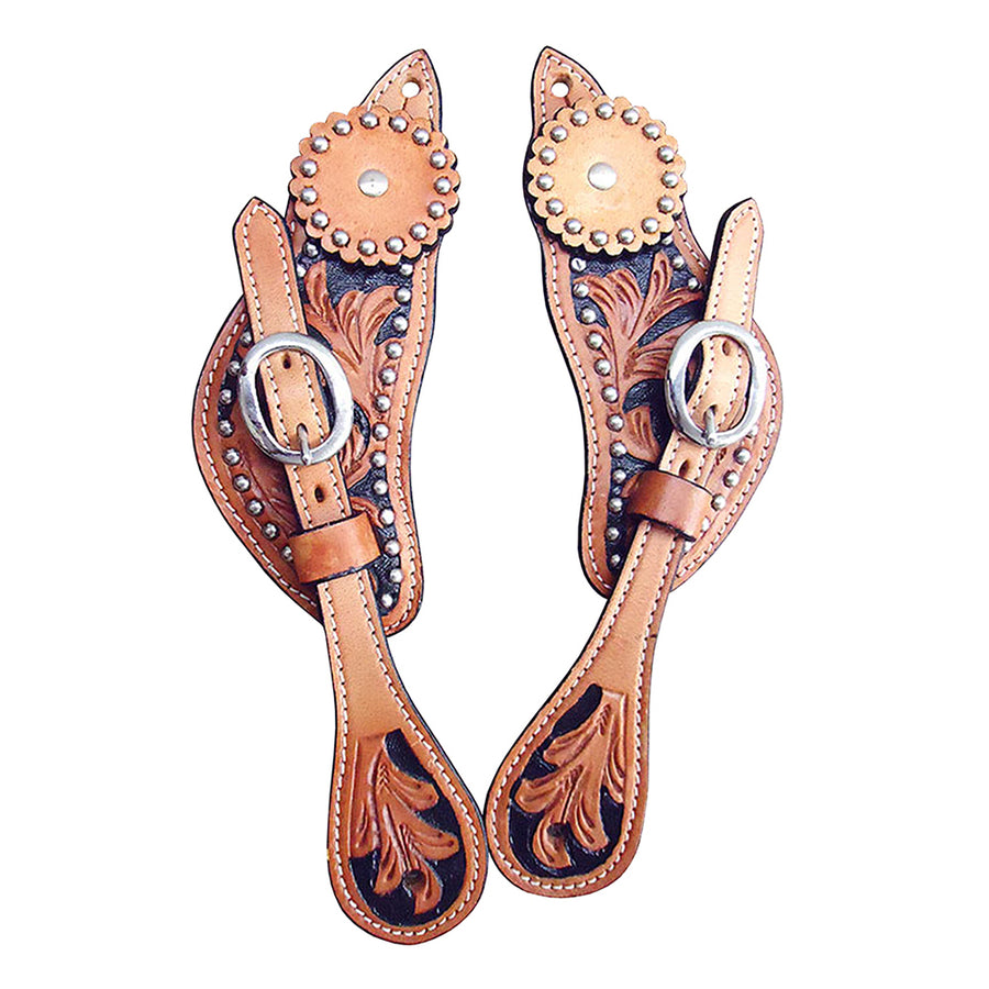 Hilason W. Leather Spur Straps Light Oil Black Hand Paint Floral – by Hilason – Cowboy and equestrian accessories