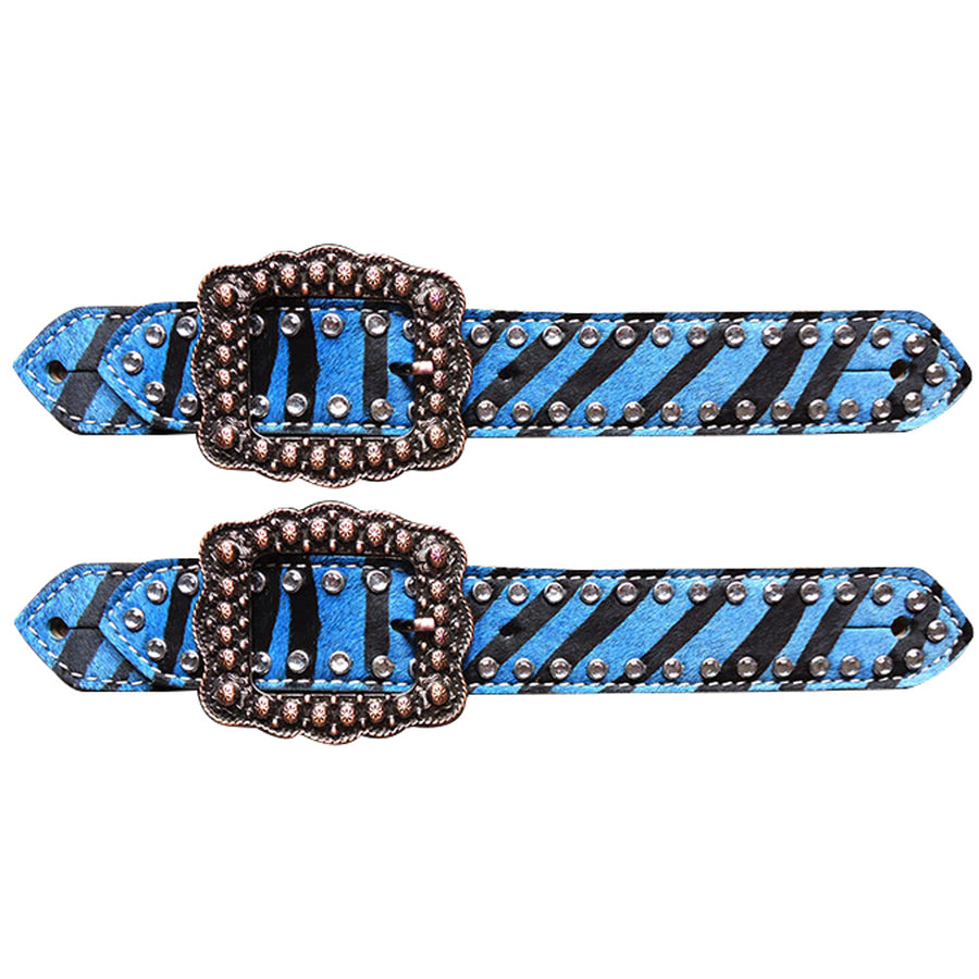 Blue striped leather spur straps with studded buckles - Uhorse