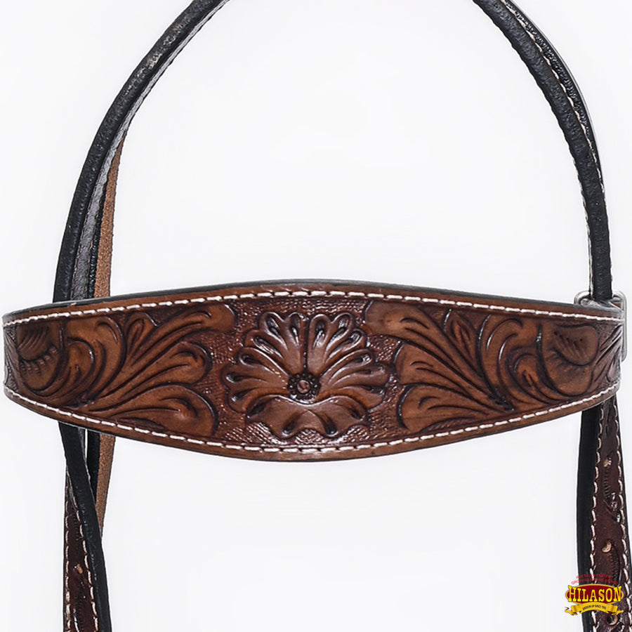 HILASON Western Horse Headstall Breast Collar Set Genuine American Leather Floral Dark Brown | For Horses