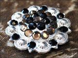 Western Screw Back 2 In Concho Black & Brown Crystal Berry Saddle Bling