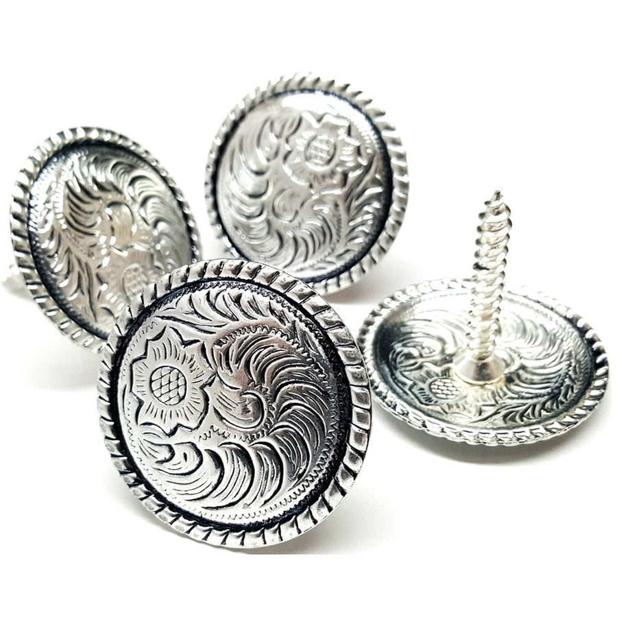 4 Pack 1-1/2" Silver Plated Flroal Round Concho Wood Screw Headstall - Uhorse