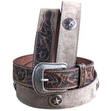 32 In 3D Mens Floral Western Roughout Leather Cowboy Belt