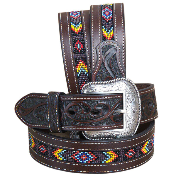 32 In Roper men's Hand Tooled Leather Beaded Center Western Belt Brown - Uhorse