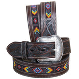 32 In Roper Mens Hand Tooled Leather Beaded Center Western Belt Brown