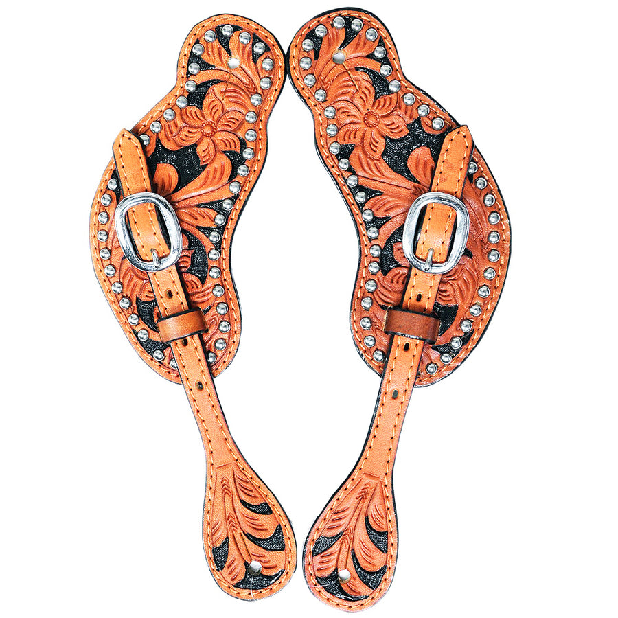 Hilason W. Leather Spur Straps Floral Dark Oil Black Hand Paint – by Hilason – Cowboy and equestrian accessories