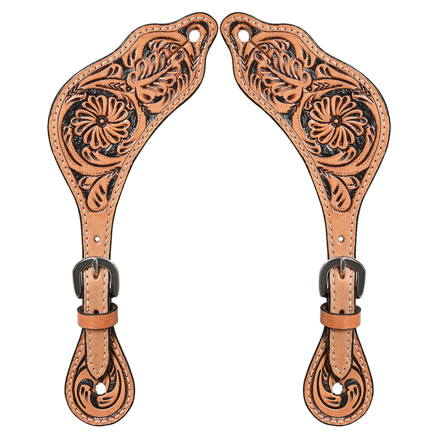 Hilason Western Leather Spur Straps Floral Carved Tan Hand Tooled - Uhorse