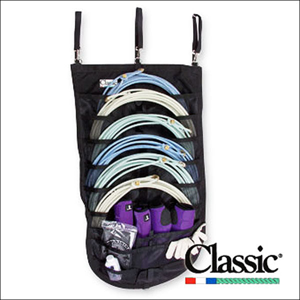 Black nylon hanging organizer with multiple compartments for equestrian gear - Uhorse
