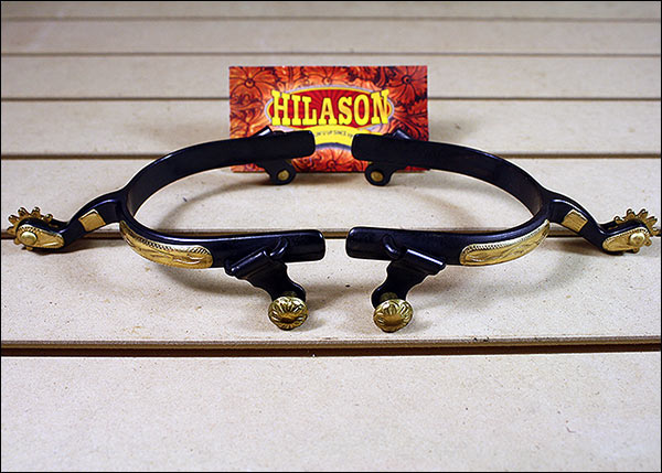 Hilason Black Steel Men Roping Spurs Solid Brass Engraved Trim And Rowel - Uhorse