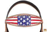 HILASON Western Horse American Leather Headstall & Breast Collar Set Tan US Flag