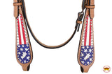 HILASON Western Horse American Leather Headstall & Breast Collar Set Tan US Flag