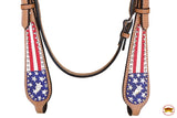 HILASON Western Horse American Leather Headstall & Breast Collar Set Tan US Flag