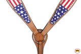 HILASON Western Horse American Leather Headstall & Breast Collar Set Tan US Flag